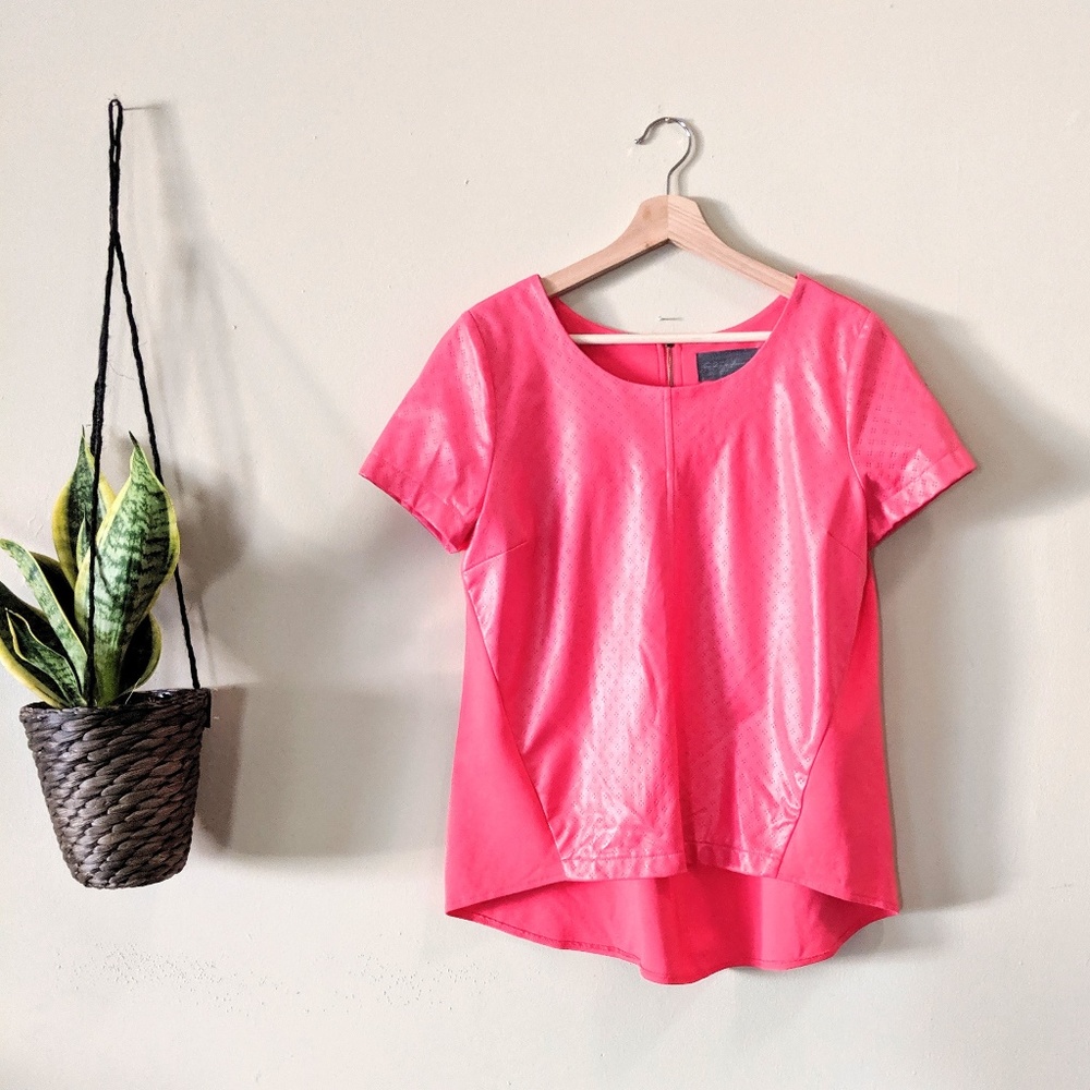 Anthropologie Hot Pink Perforated Faux Leather Top